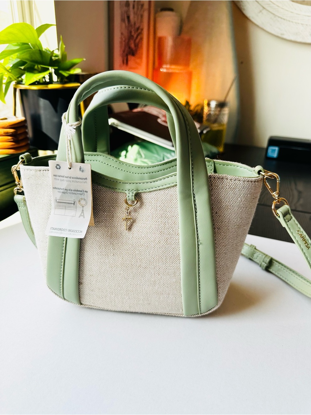NWT Carpisa Sage Green & Cream Crossbody Tote Bag Italian Handbag